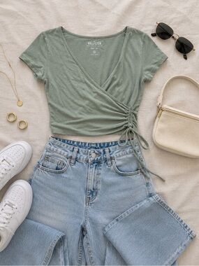 Hollister Sage Green Wrap Crop Top XS | Baby Tee Tie Side